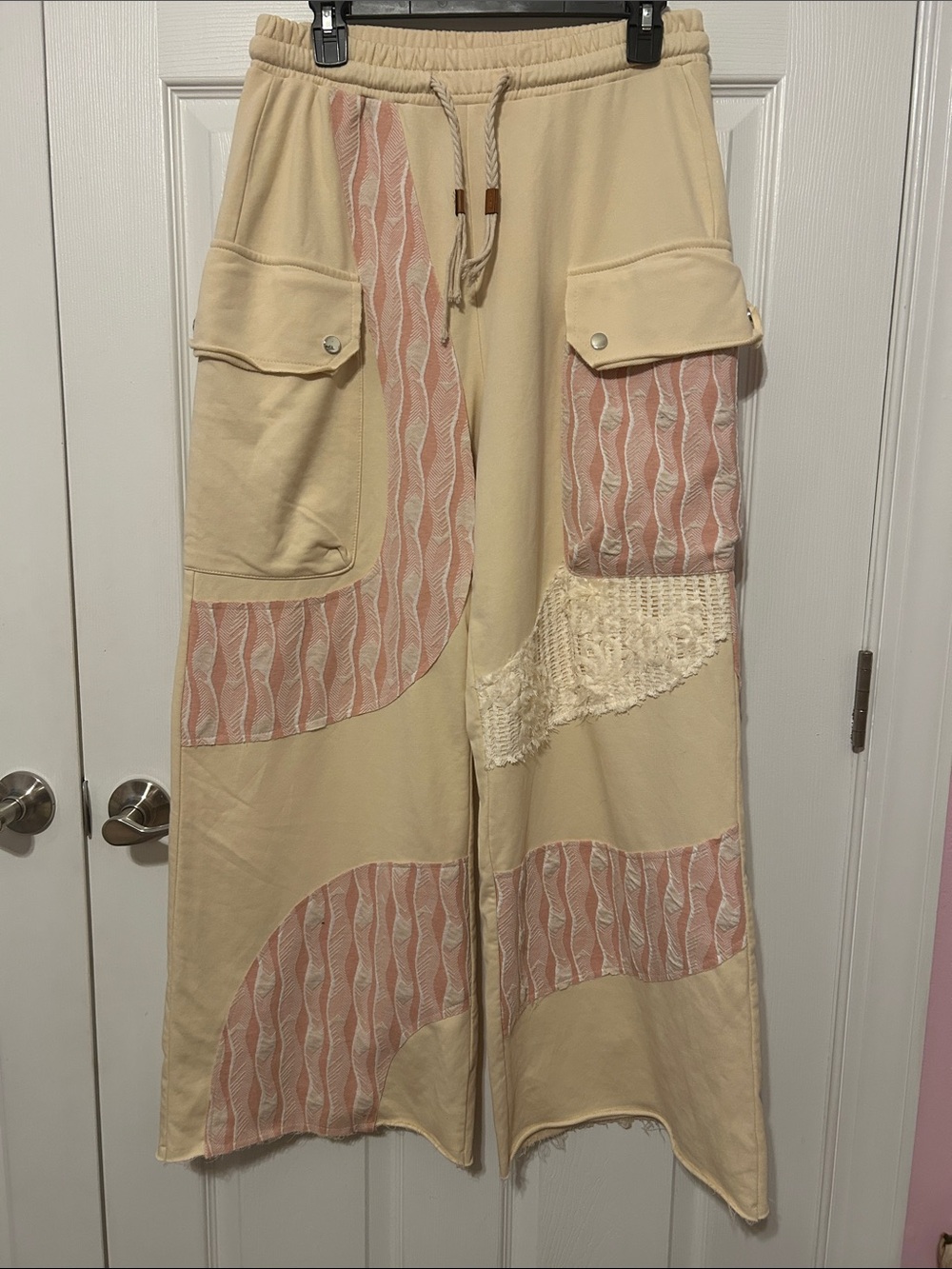 Wide-Leg Patchwork Cargo Pants in Beige and Pink